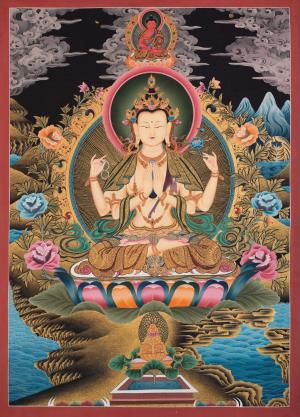 Avalokiteshvara Chengrezig Thangka With Amitabha Buddha On Top | Original Hand-painted Arya Bodhisattva | Vajrayana Buddhism Painting